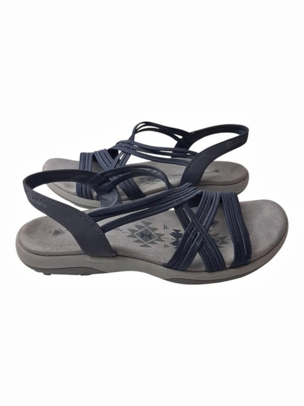 Skechers Reggae Slim Takes Two Sandals Womens Sz 9 Navy Blue Strappy Memory Foam